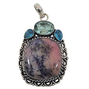 Handmade Pendant with Rhodonite Blue Topaz and Aquamarine Trio in Silver Setting